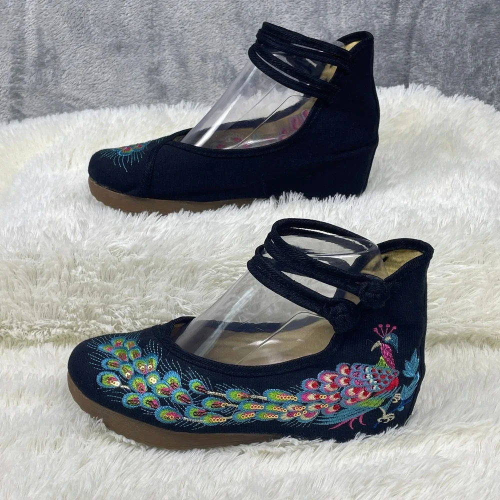 Unbranded Peacock Embroidered Wedges Womens 8.5 Black Good Canvas Boho Strappy